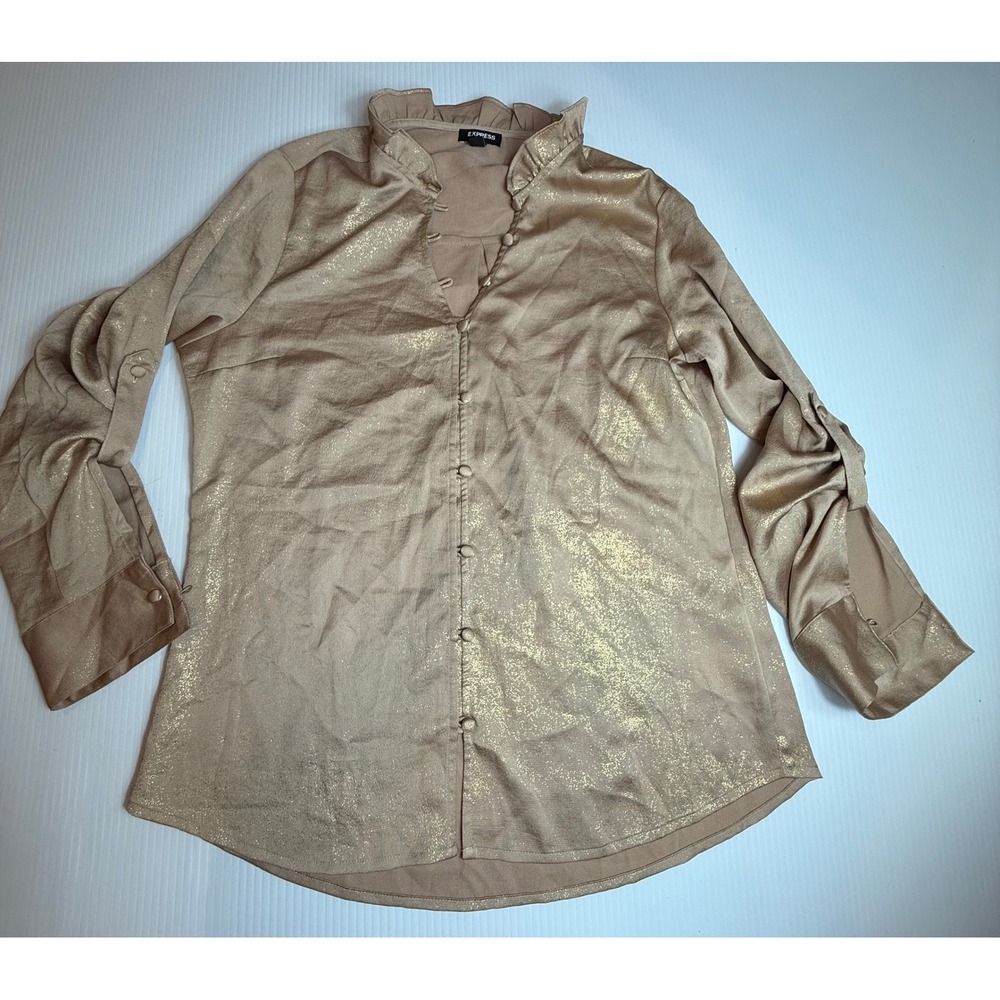 Express Womens Gold Metallic Foil Ruffle Neck Button Front Blouse Top Medium‎
